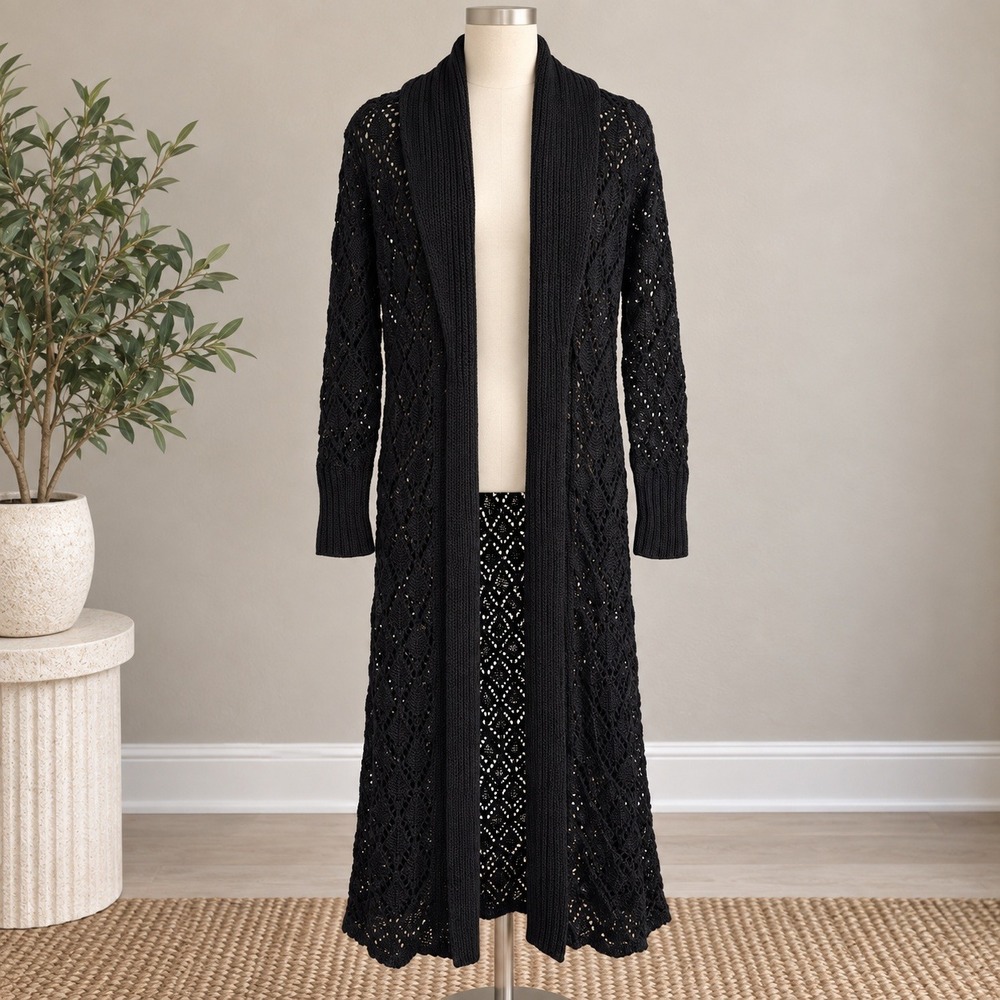 Easel Cardigan Black Pointelle Knit Longline Duster Wool Blend Shawl Collar Sz S